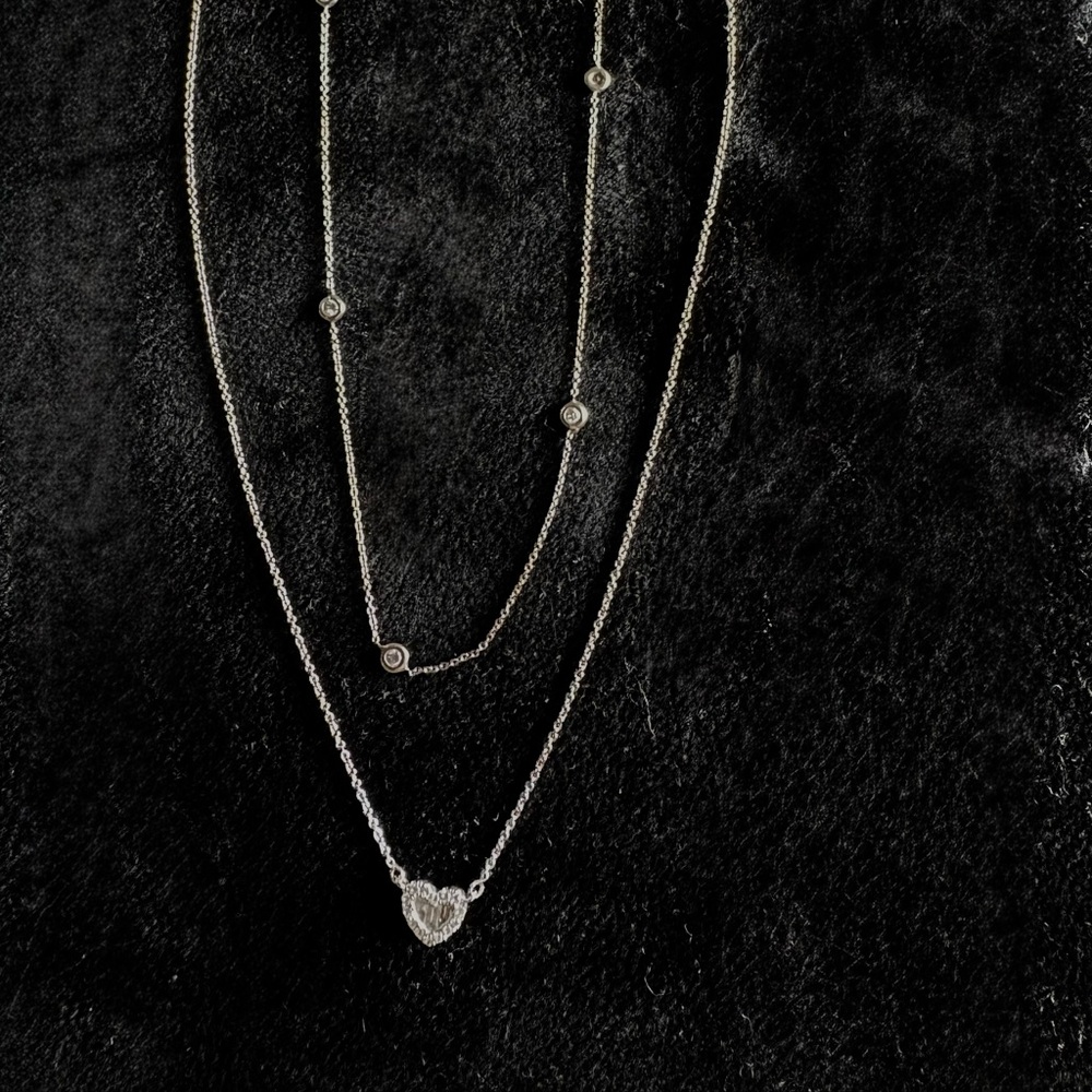 18K White Gold Natural Brazilian Diamond Necklaces (2) Heart & Bezel Set - Picture 7 of 10